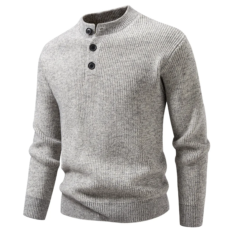 Herren Feinstrick-Henleypullover mit kurzem Stehkragen, Knopfleiste und Rippbündchen Nord Taschen