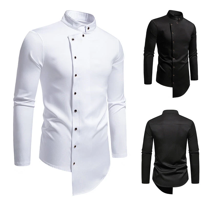 Herren modern geschnittenes Langarmhemd mit asymmetrischer Knopfleiste und Stehkragen Nord Taschen
