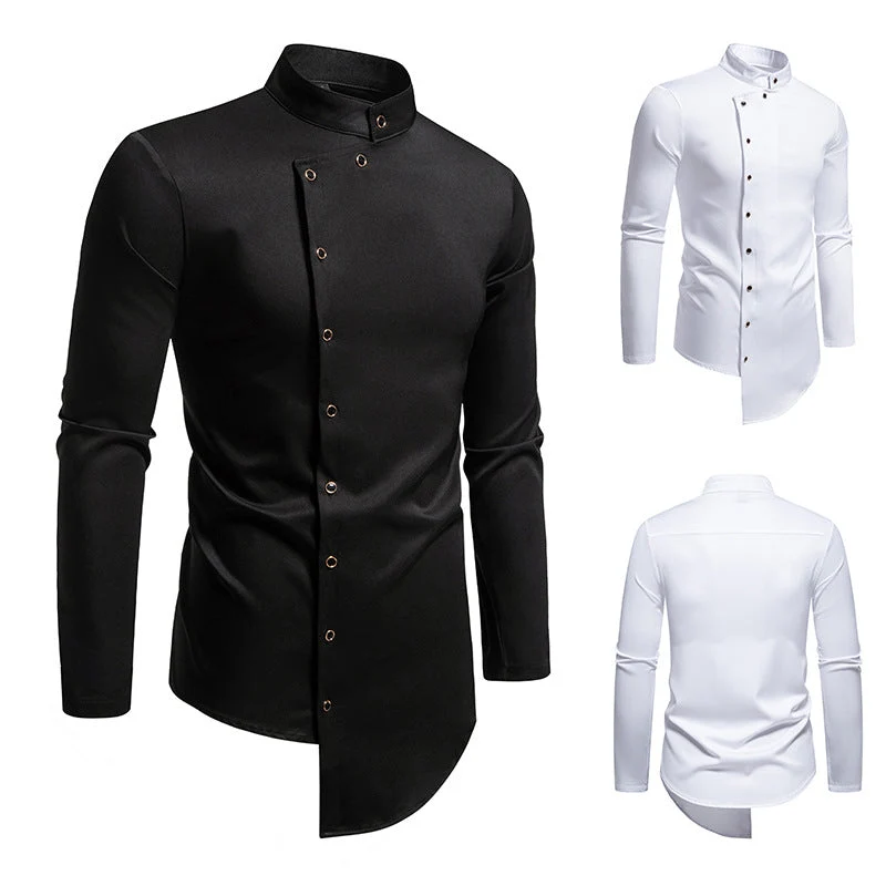 Herren modern geschnittenes Langarmhemd mit asymmetrischer Knopfleiste und Stehkragen Nord Taschen