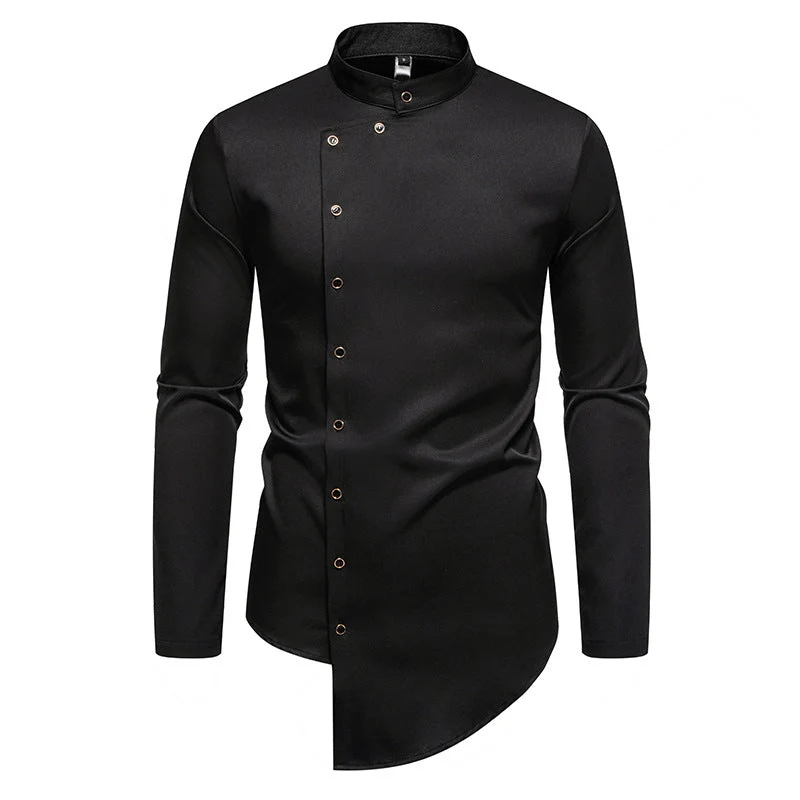 Herren modern geschnittenes Langarmhemd mit asymmetrischer Knopfleiste und Stehkragen Nord Taschen
