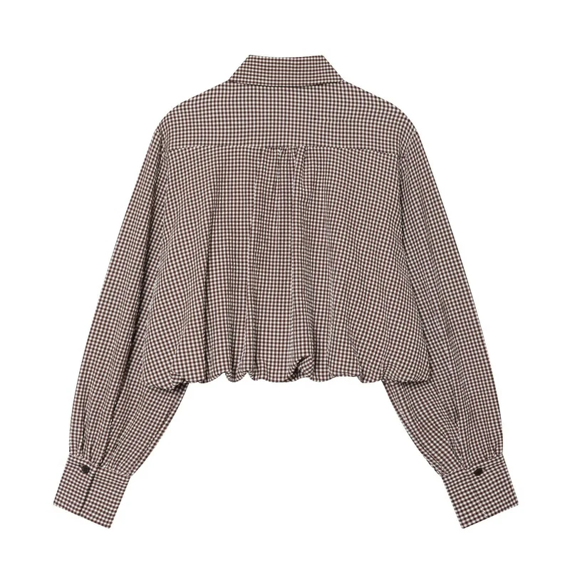 Damen Karo-Cropped-Hemdbluse mit Ballonärmeln, Brusttasche und elastischem Saum Nord Taschen