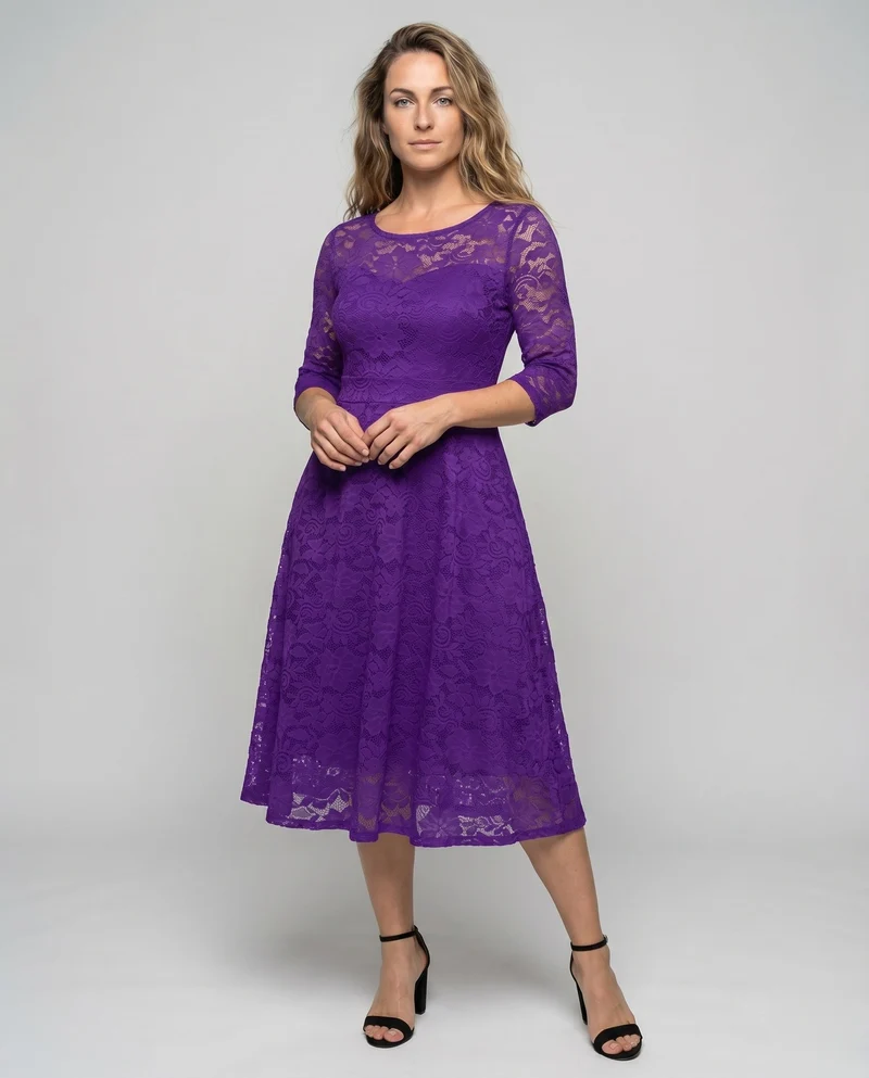 Damen Spitzen-Midikleid 3/4-Arm Korsettnaht Taschen Avellé