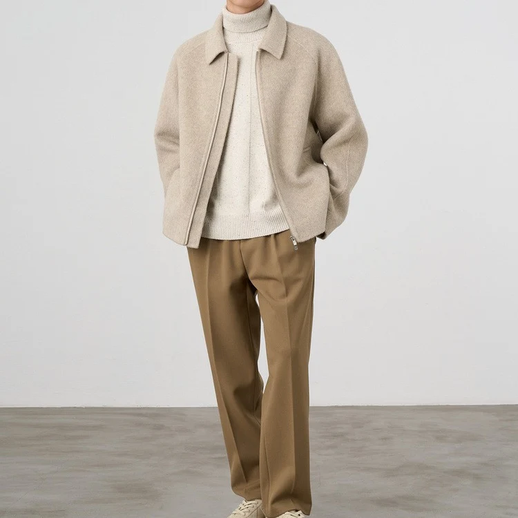 Herren Boxy‑Wollblouson mit verdecktem Zwei‑Wege‑Reißverschluss und Hemdkragen Nord Taschen