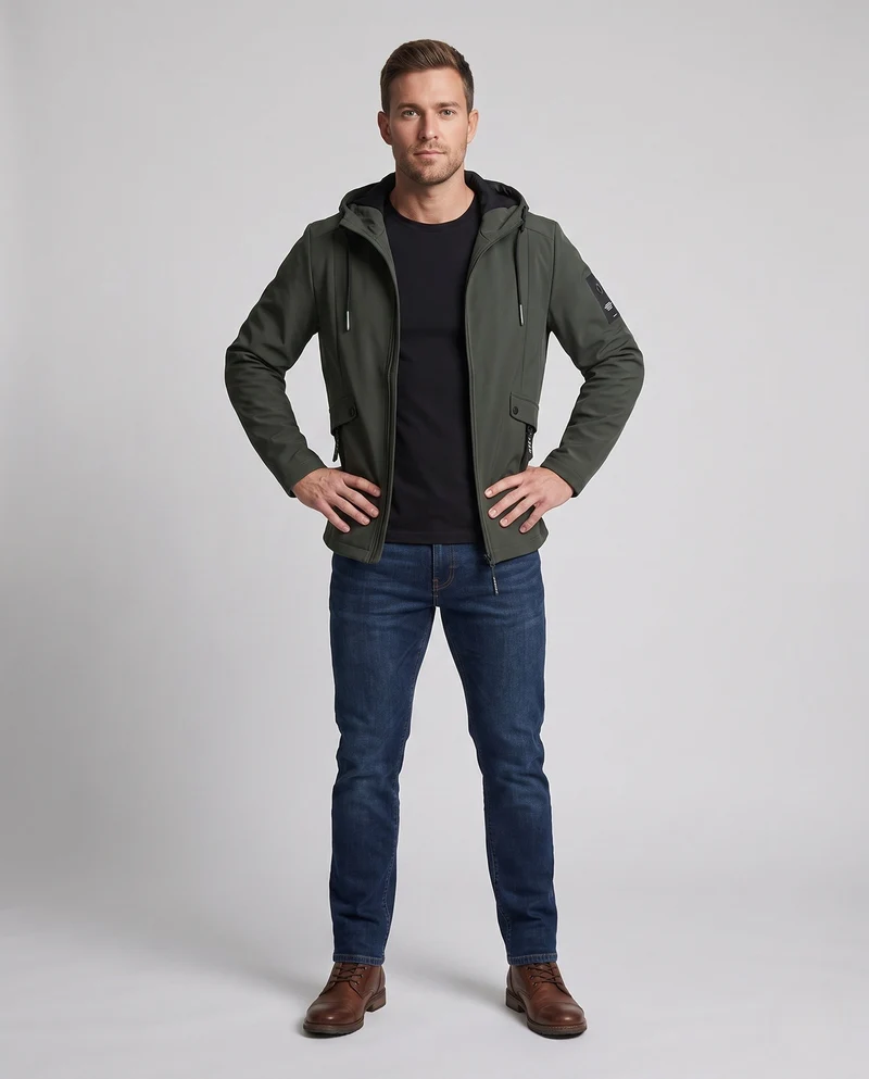 Herren leichte Softshell-Parka mit Kapuze, winddichte Oberfläche, verdeckter Reißverschluss und Klappentaschen