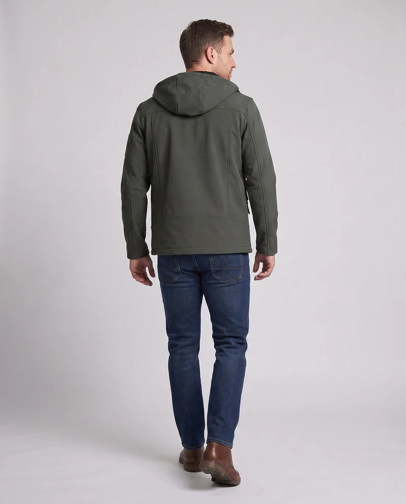 Herren leichte Softshell-Parka mit Kapuze, winddichte Oberfläche, verdeckter Reißverschluss und Klappentaschen