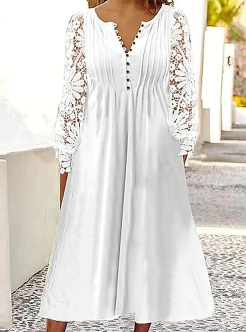 Damen Midikleid mit eleganter Lochspitzenärmel und Knopfleiste