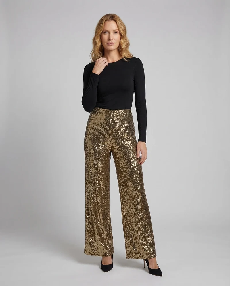 Damen Pailletten Palazzo Hose