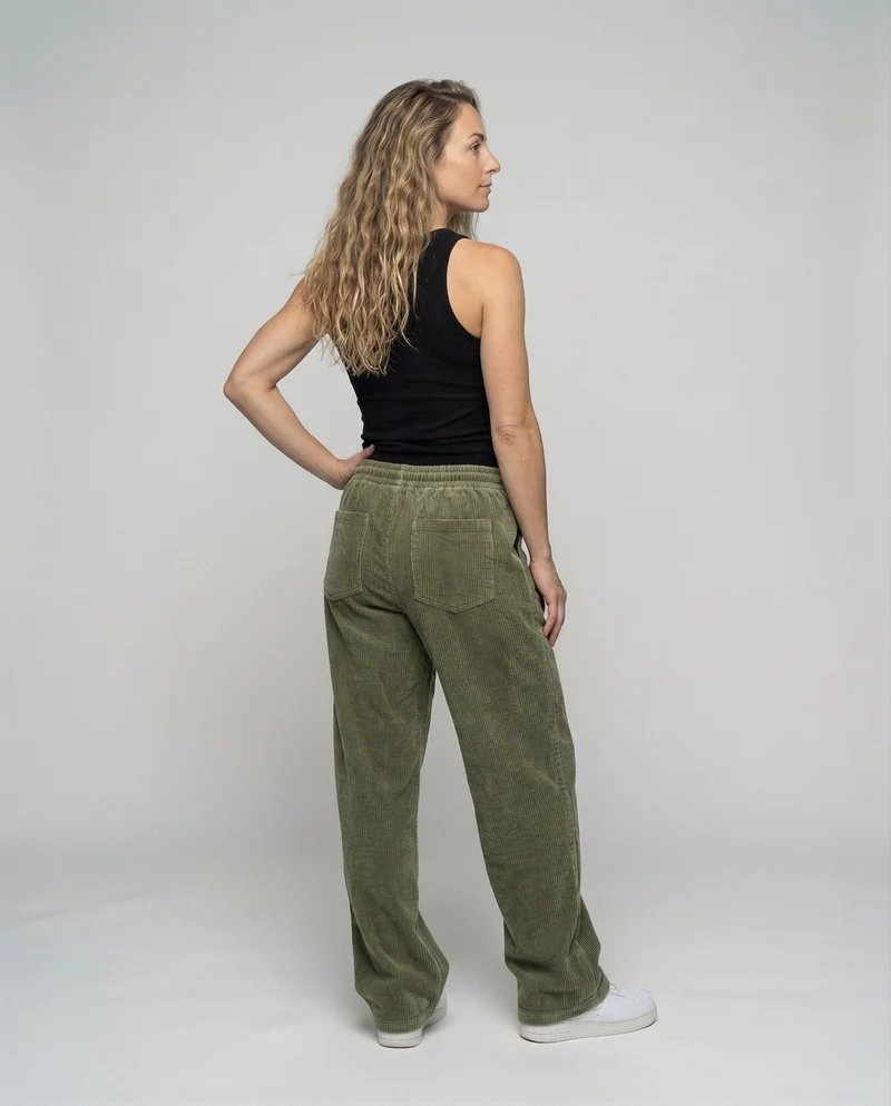 Damen nan lässige Cord-Baggy-Hose mit elastischem Tunnelzugbund, tiefem Schritt und seitlichen Eingrifftaschen Nord Taschen