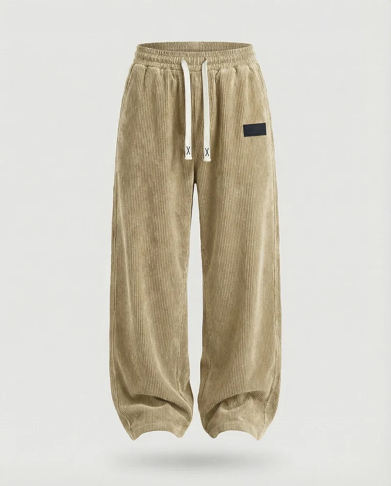 Damen nan lässige Cord-Baggy-Hose mit elastischem Tunnelzugbund, tiefem Schritt und seitlichen Eingrifftaschen Nord Taschen