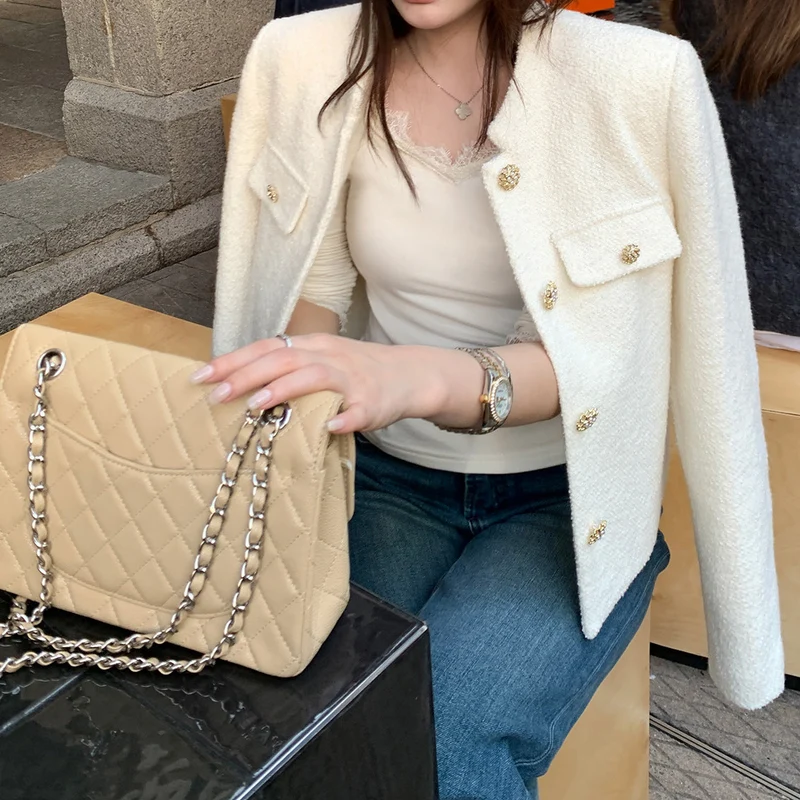 Damen Elegante Tweedjacke mit goldenen Knöpfen Nord Taschen