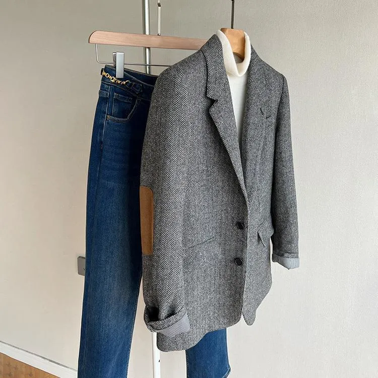 Damen Elegante Tweed-Blazerjacke Nord Taschen