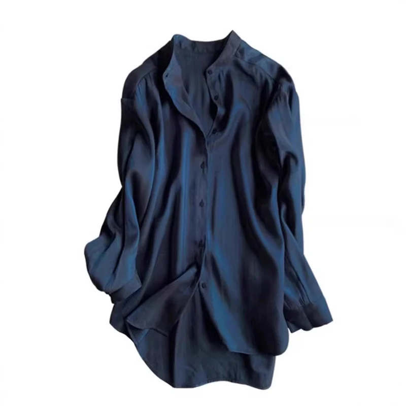 Damen Elegante satinierte Bluse mit Stehkragen Nord Taschen