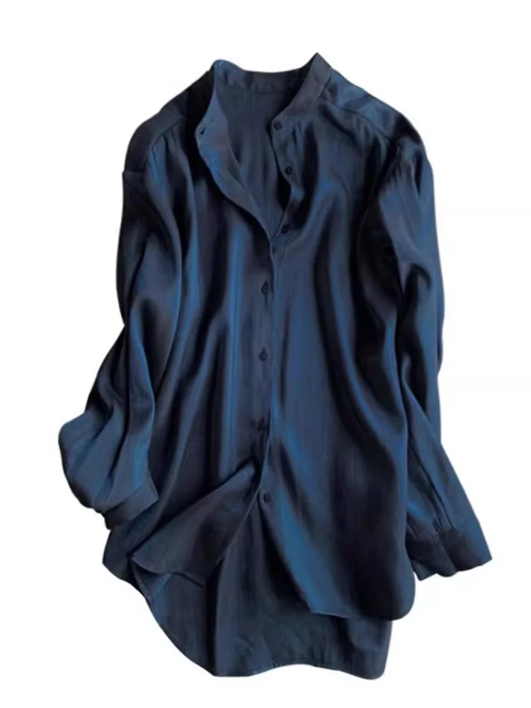 Damen Elegante satinierte Bluse mit Stehkragen Nord Taschen