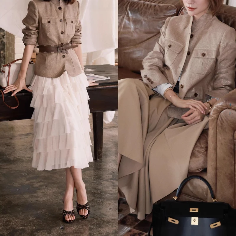 Damen Elegante Leinenjacke mit Taillengürtel Nord Taschen