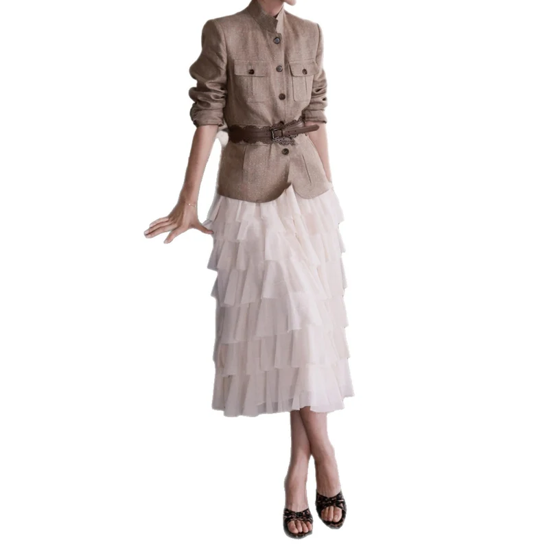 Damen Elegante Leinenjacke mit Taillengürtel Nord Taschen