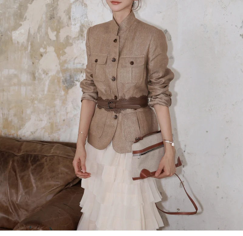 Damen Elegante Leinenjacke mit Taillengürtel Nord Taschen