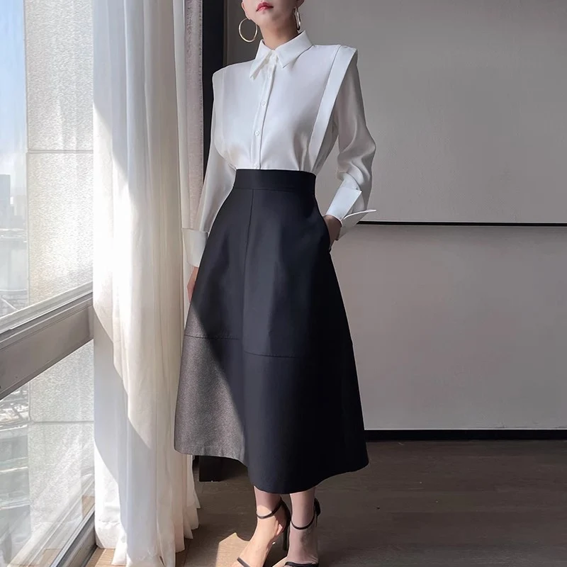 Damen Elegante Bluse mit modernem Schnitt und hoch tailliertem Rock Nord Taschen