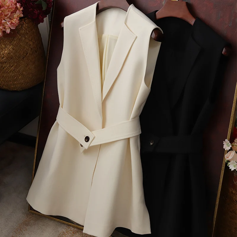 Damen Ärmellose Blazer-Weste mit Taillengürtel Nord Taschen