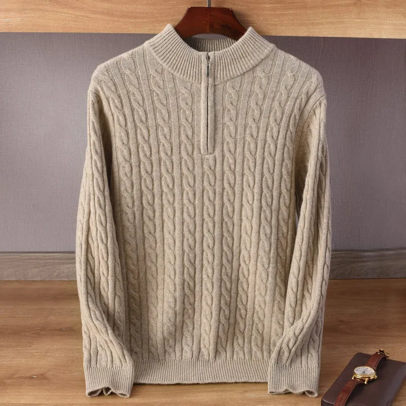 Herren Zopfmuster-Halbzip-Pullover aus weichem Wollmix mit Stehkragen Nord Taschen