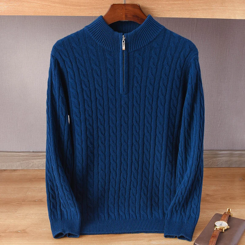 Herren Zopfmuster-Halbzip-Pullover aus weichem Wollmix mit Stehkragen Nord Taschen