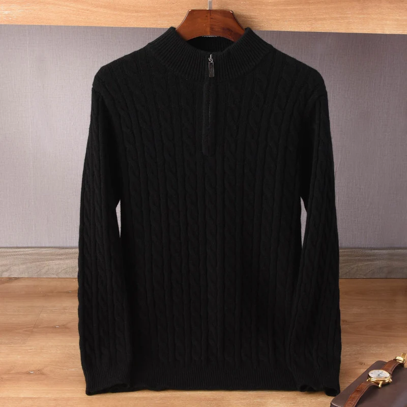 Herren Zopfmuster-Halbzip-Pullover aus weichem Wollmix mit Stehkragen Nord Taschen