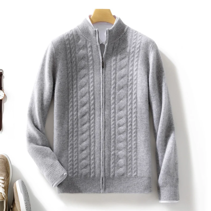 Herren Zipper‑Strickjacke mit Zopfmuster und Stehkragen Nord Taschen