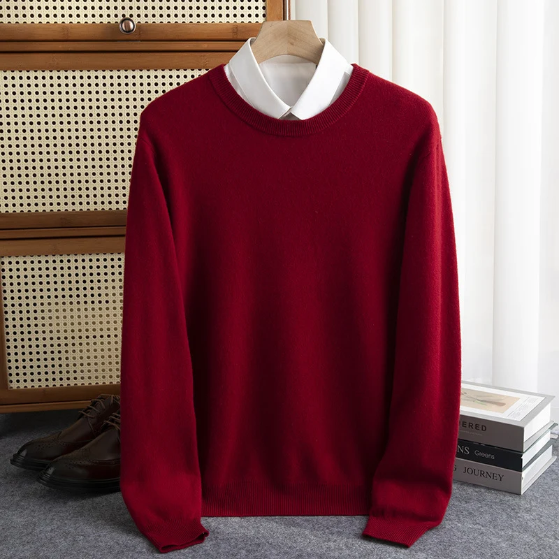 Herren Schlichter Rundhals-Feinstrickpullover kaschmirähnliche Haptik mit gerippten Abschlüssen Nord Taschen