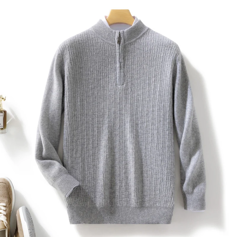 Herren Halbhoher Feinstrick-Pullover mit kurzem Stehkragen und Halbzipper Nord Taschen