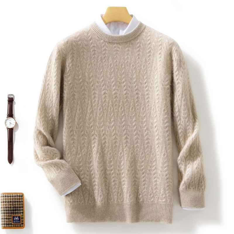 Herren gehobener Zopfstrickpullover mit Rundhals und Merino‑Mischung Nord Taschen