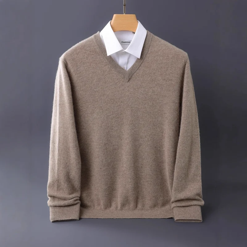 Herren Feiner V-Ausschnitt-Pullover aus Merino-Kaschmir-Mix mit gerippten Bündchen Nord Taschen
