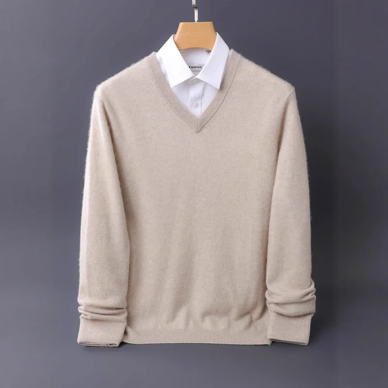 Herren Feiner V-Ausschnitt-Pullover aus Merino-Kaschmir-Mix mit gerippten Bündchen Nord Taschen