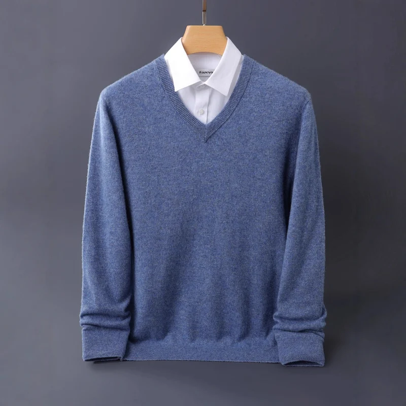 Herren Feiner V-Ausschnitt-Pullover aus Merino-Kaschmir-Mix mit gerippten Bündchen Nord Taschen