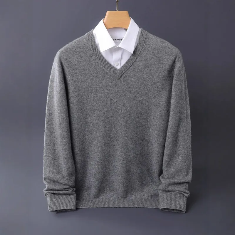 Herren Feiner V-Ausschnitt-Pullover aus Merino-Kaschmir-Mix mit gerippten Bündchen Nord Taschen