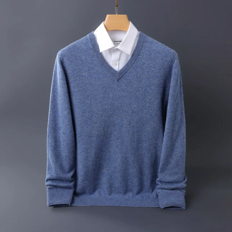 Herren Feiner V-Ausschnitt-Pullover aus Merino-Kaschmir-Mix mit gerippten Bündchen Nord Taschen