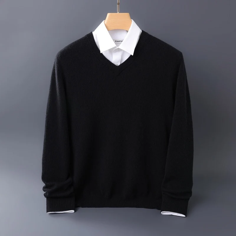 Herren Feiner V-Ausschnitt-Pullover aus Merino-Kaschmir-Mix mit gerippten Bündchen Nord Taschen