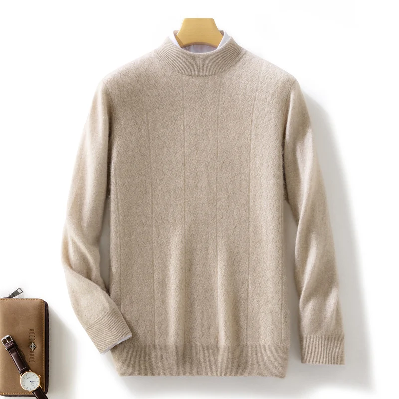 Herren Feiner Stehkragenpullover aus Kaschmir‑Optik mit dezenter Diagonalstruktur und schmalem Bund Nord Taschen