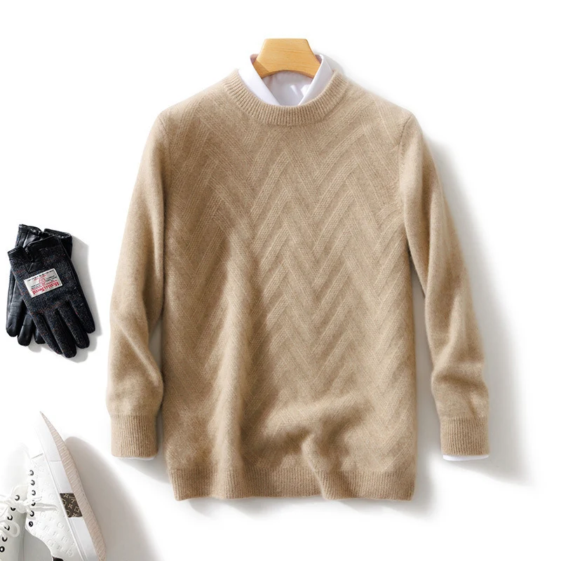 Herren Feiner Rundhalspullover aus Kaschmir‑Mix mit Chevron‑Struktur Nord Taschen