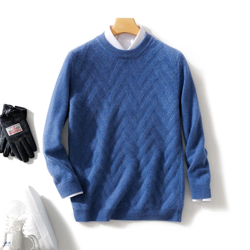 Herren Feiner Rundhalspullover aus Kaschmir‑Mix mit Chevron‑Struktur Nord Taschen