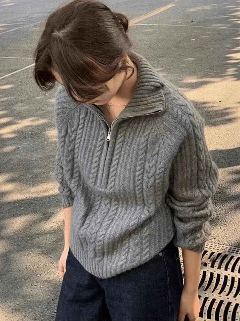 Damen Zopfstrick-Polokragenpullover mit Halbreißverschluss und weichem Mohair-Look Nord Taschen