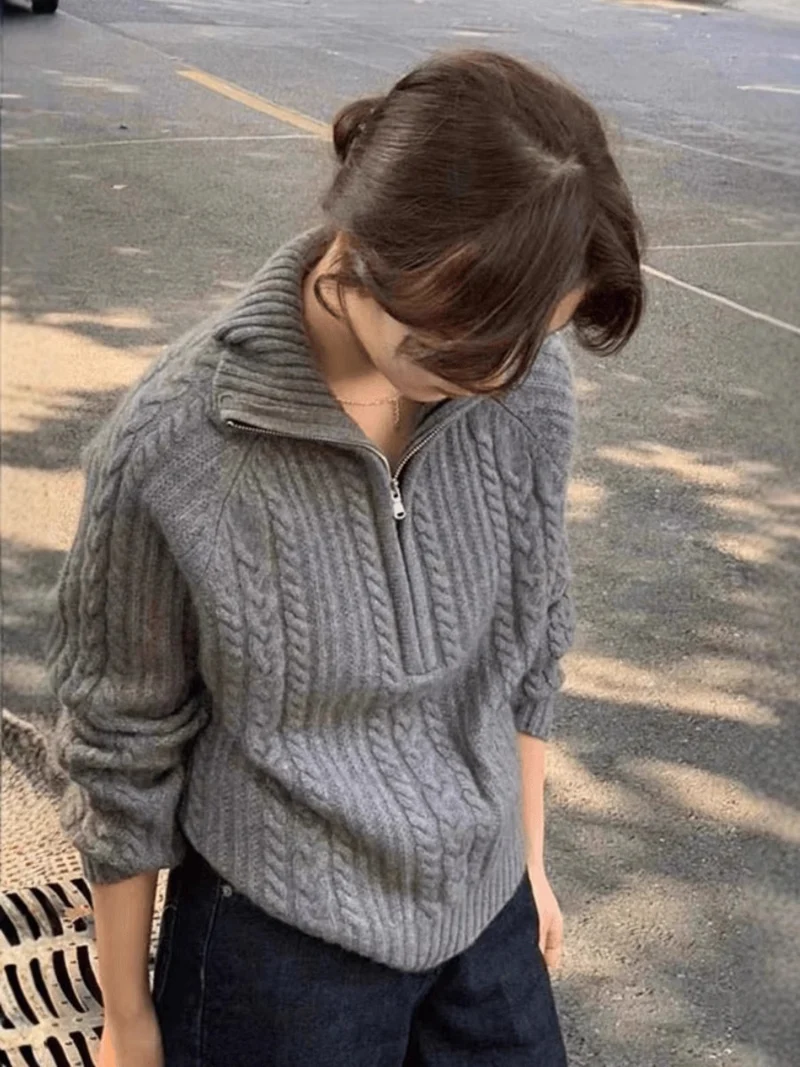 Damen Zopfstrick-Polokragenpullover mit Halbreißverschluss und weichem Mohair-Look Nord Taschen