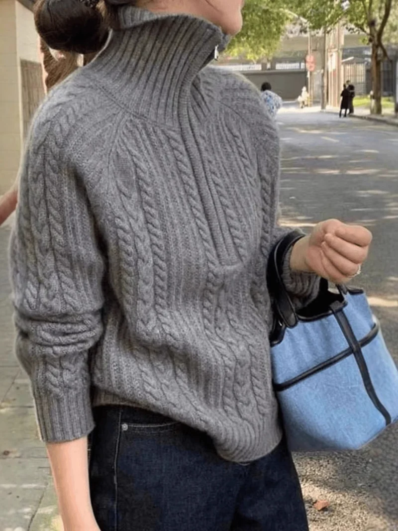 Damen Zopfstrick-Polokragenpullover mit Halbreißverschluss und weichem Mohair-Look Nord Taschen