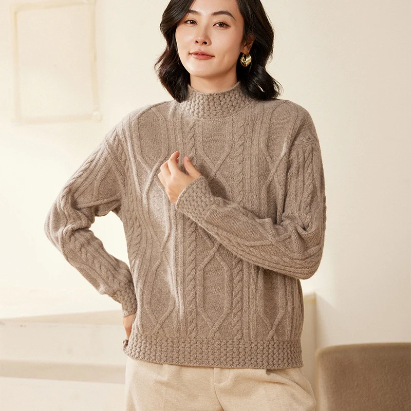Damen Zopfstrick-Mockneckpullover mit kurzer Boxy-Silhouette Nord Taschen