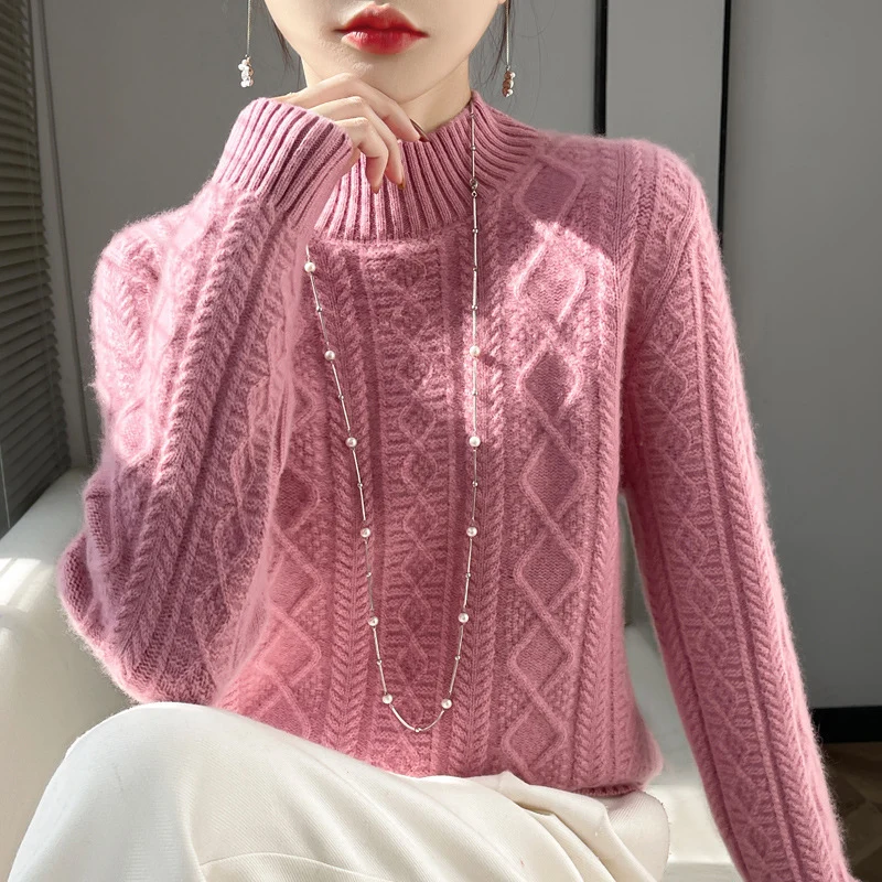 Damen Zopfmuster-Mockneckpullover mit feinem Ajour‑Detail und flauschiger Kaschmir‑Optik Nord Taschen