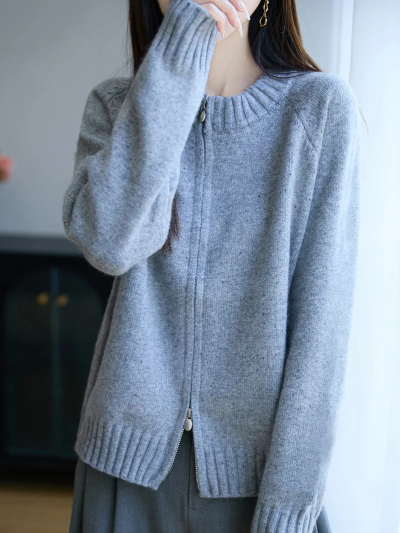 Damen Zip-Strickjacke mit Rundhalsausschnitt, feinem Nep‑Garn und gerippten Abschlüssen Nord Taschen