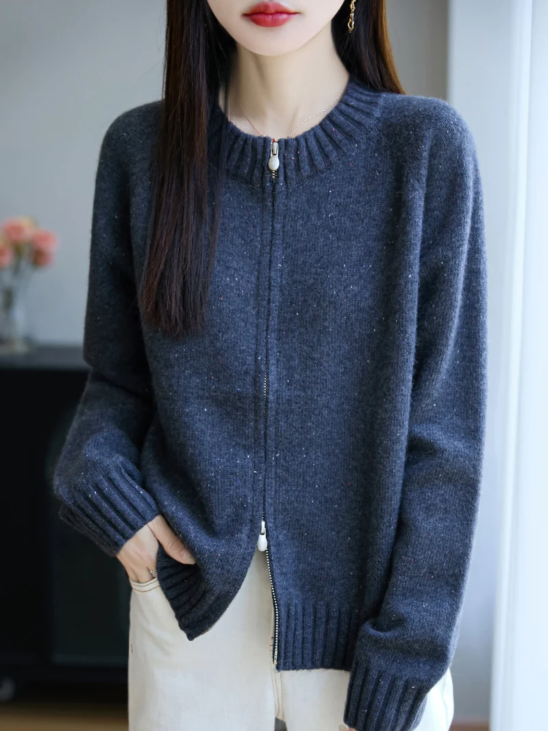 Damen Zip-Strickjacke mit Rundhalsausschnitt, feinem Nep‑Garn und gerippten Abschlüssen Nord Taschen