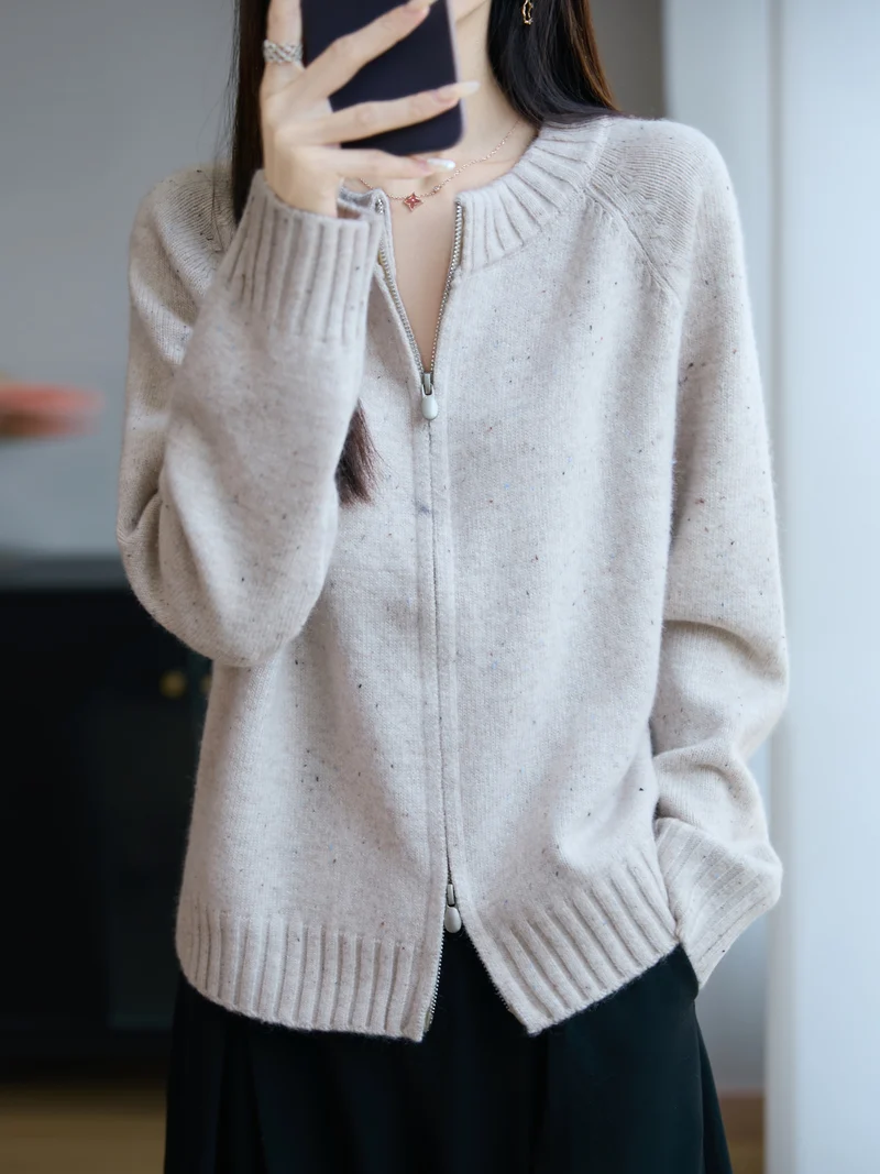Damen Zip-Strickjacke mit Rundhalsausschnitt, feinem Nep‑Garn und gerippten Abschlüssen Nord Taschen