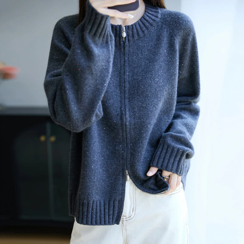 Damen Zip-Strickjacke mit Rundhalsausschnitt, feinem Nep‑Garn und gerippten Abschlüssen Nord Taschen