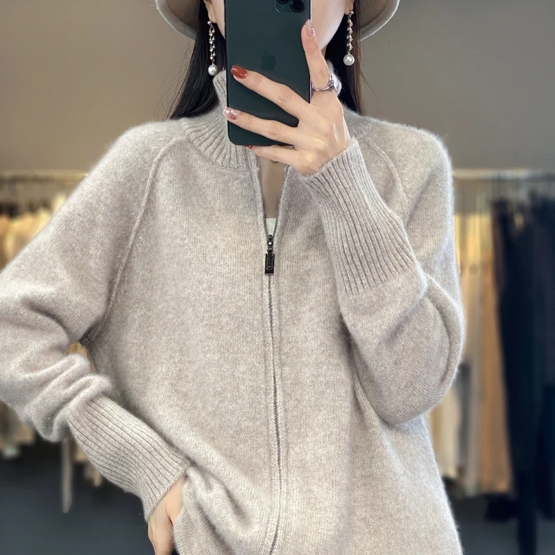 Damen Zip-Cardigan im Kaschmir‑Look mit Stehkragen und gerippten Bündchen Nord Taschen
