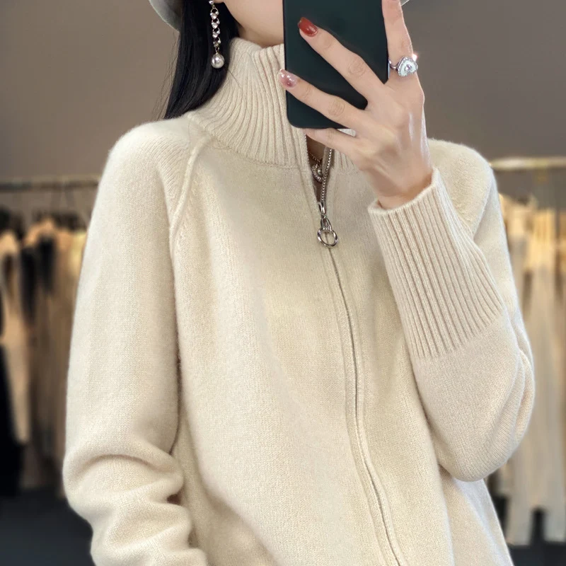Damen Zip-Cardigan im Kaschmir‑Look mit Stehkragen und gerippten Bündchen Nord Taschen