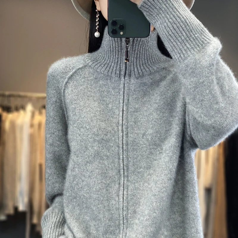 Damen Zip-Cardigan im Kaschmir‑Look mit Stehkragen und gerippten Bündchen Nord Taschen